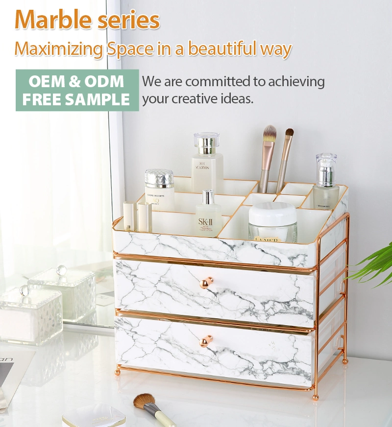 Creative Dresser Makeup Organizer Brushes Marble Design Square 2 Tier Cosmetic Drawers Organizer