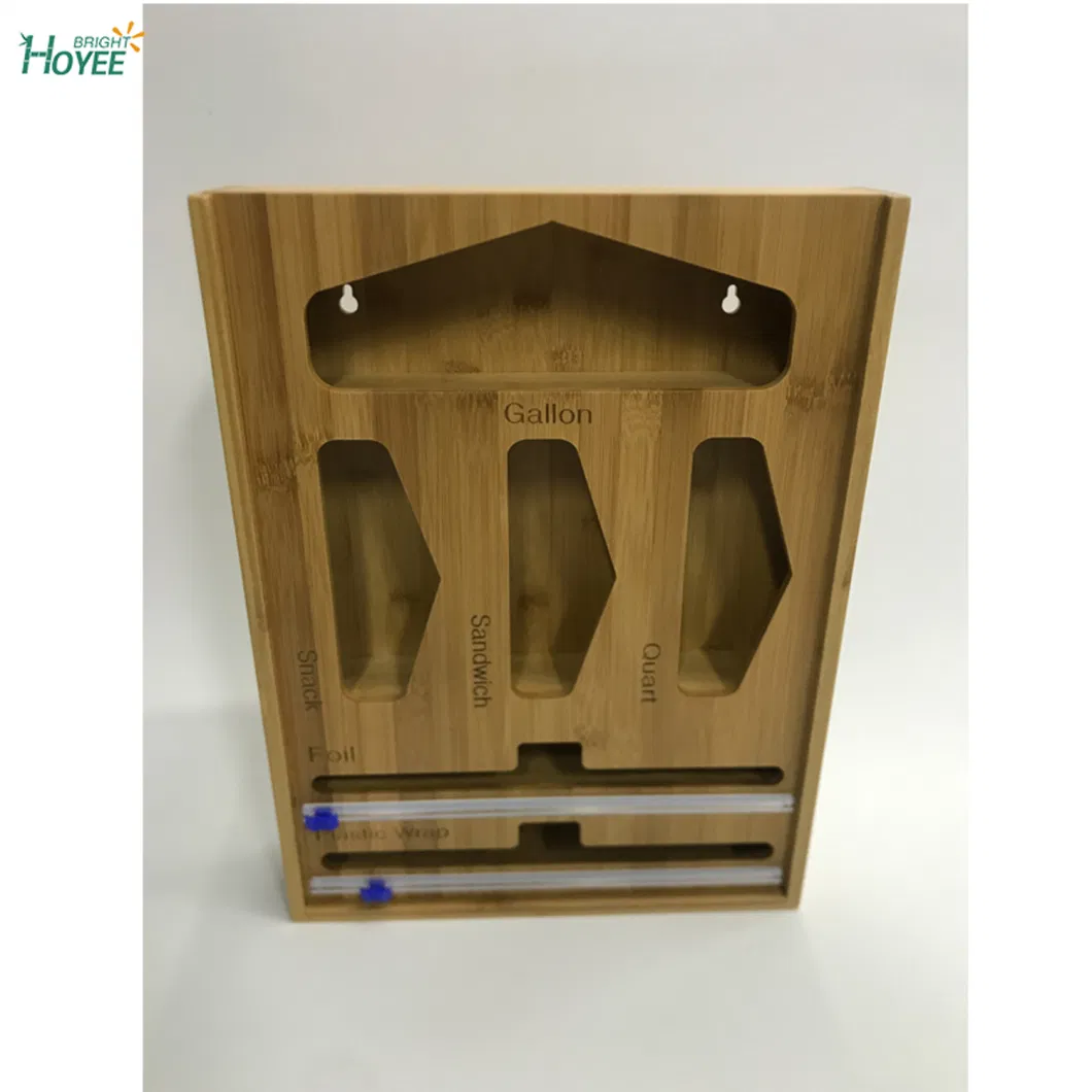 Bamboo Ziplock Bag Storage Organizer and Wrap Plastic Dispenser with Cutter for Kitchen Drawer